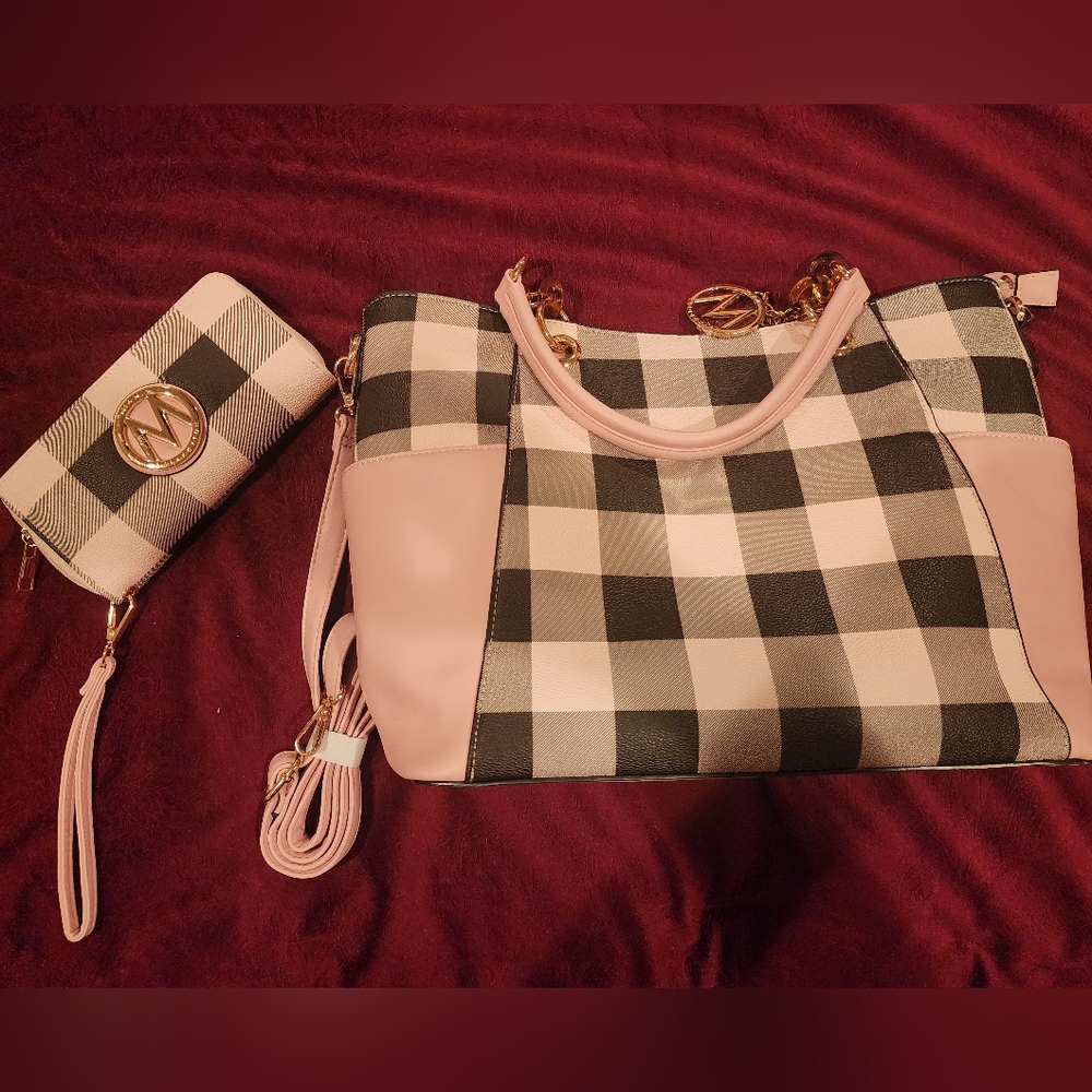 Elegant Checkered Pink and Black Shoulder Bag and Wallet Set